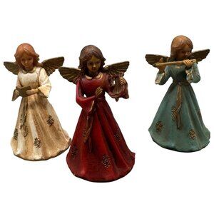 Set Of 3 Hand-Painted Angel Figurines With Musical Instruments Used READ